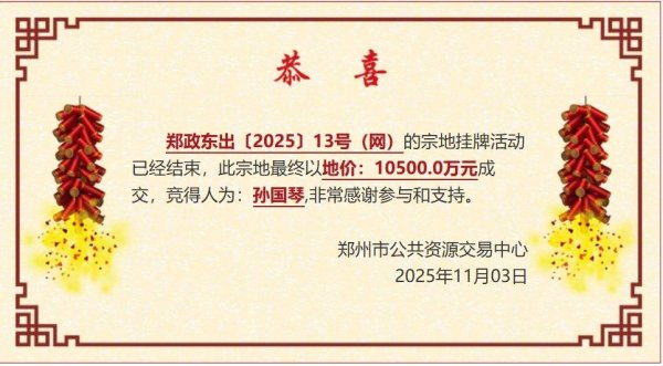 佰亿配资 罕见！自然人孙国琴1.05亿元拿下郑东新区胖东来附近一商业用地